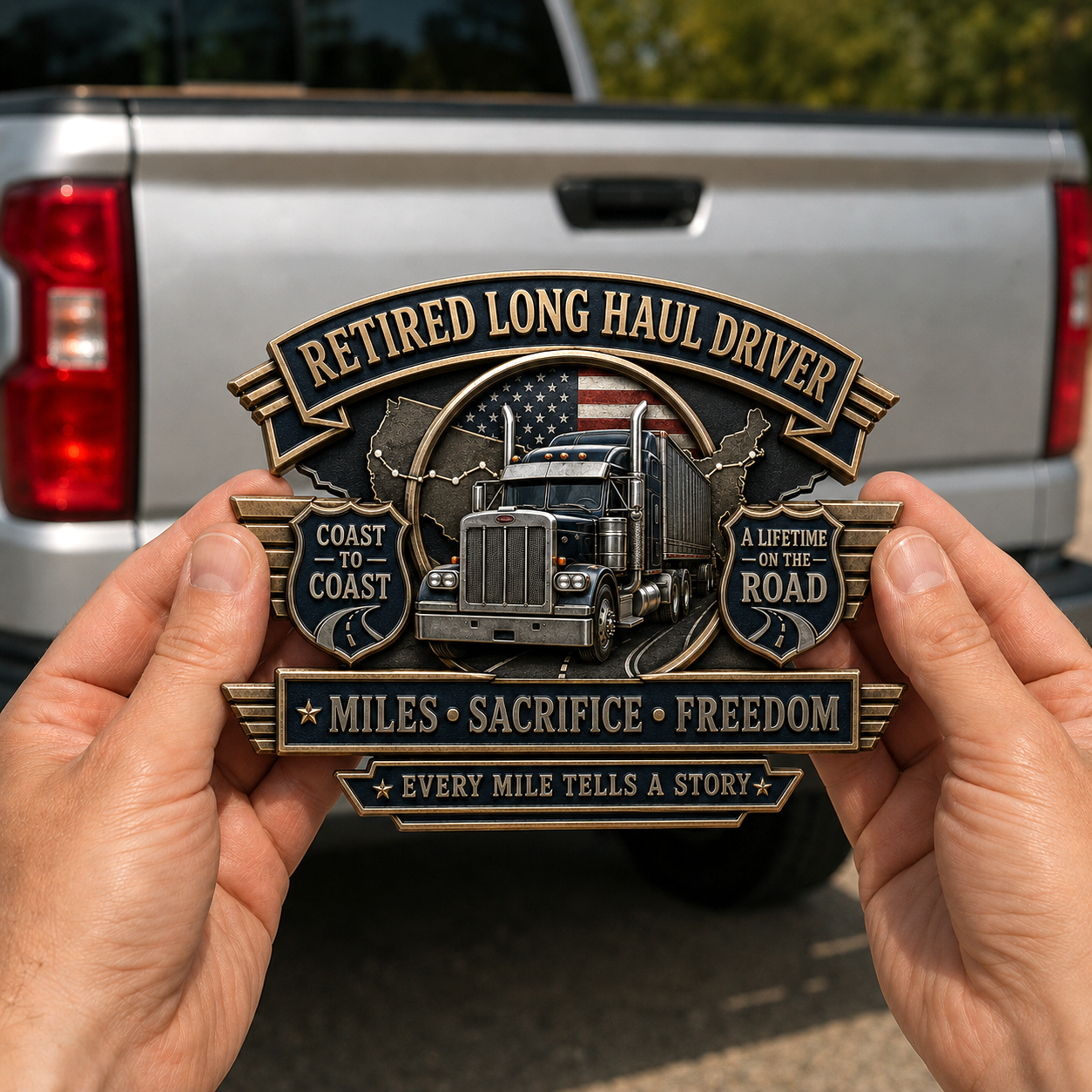 Last Day Promo: 49% OFF – Retired Truck Driver Miles Grit Freedom Metal Car Emblem