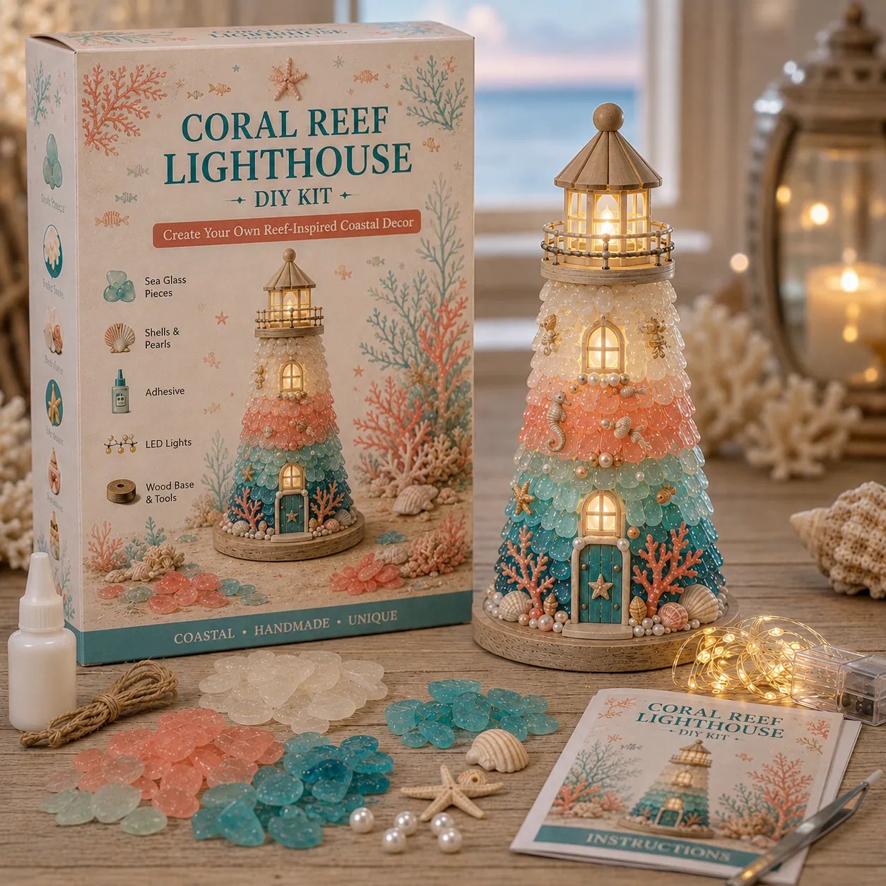 ⏳Last Day: Huge Discounts 🌊 Beginner-Friendly DIY Lighted Sea Glass-Style Lighthouse Kit Collection | Complete Kit with Sea Glass-Style Pieces, LED Lights & Step-by-Step Guide Included 💕