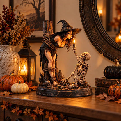 🔥Limited time 70% OFF -🧙💀Witch & Skeleton Candle Scene Figurine – Dark Gothic Halloween Tabletop Decor🔥