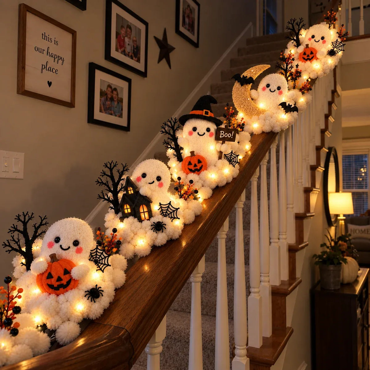 ⏳ Last Day 70% OFF – 👻 Glowing Ghost Staircase Decor | 5 Playful Halloween Characters for Railings, Mantels & Entryways 🎃