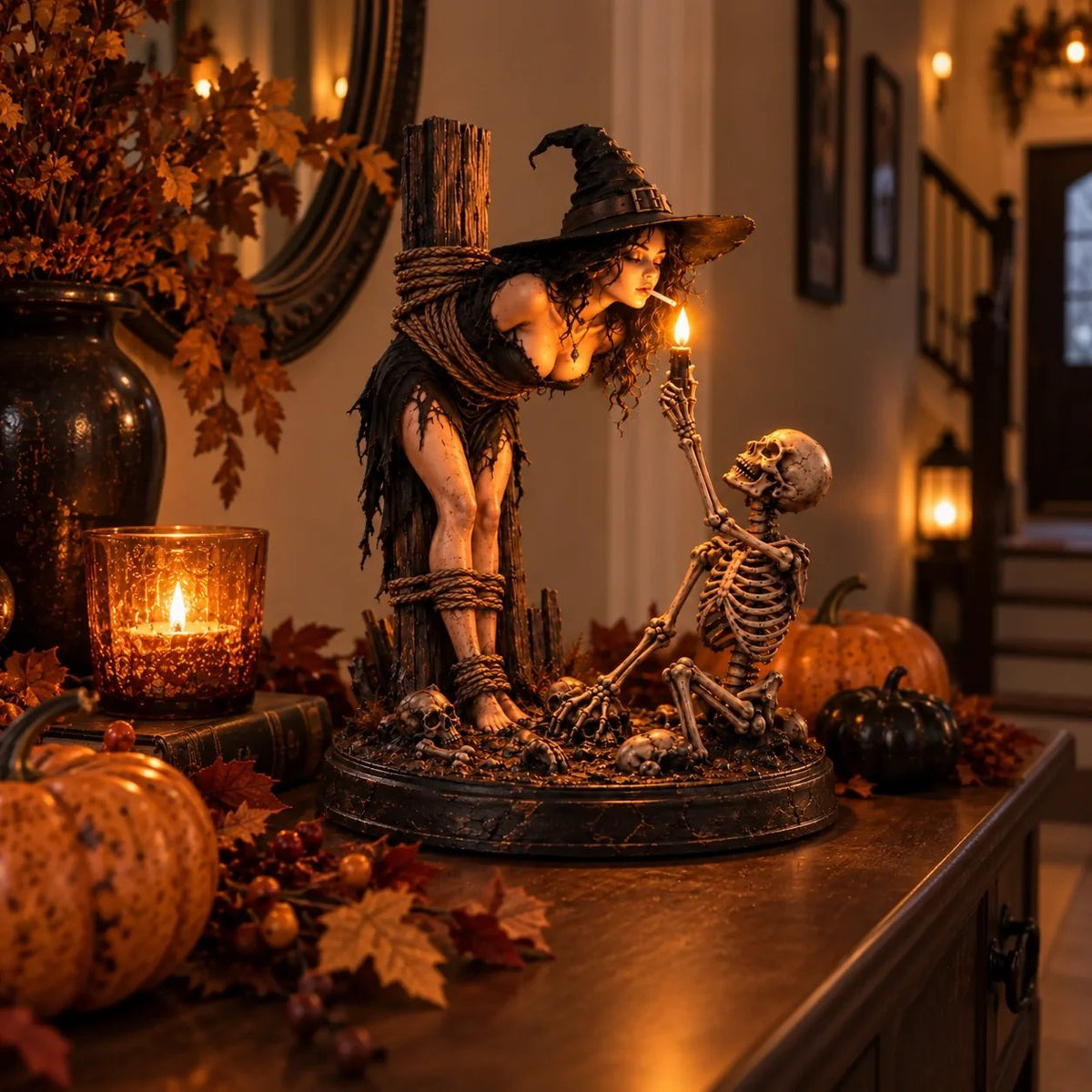 🔥Limited time 70% OFF -🧙💀Witch & Skeleton Candle Scene Figurine – Dark Gothic Halloween Tabletop Decor🔥
