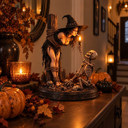 🔥Limited time 70% OFF -🧙💀Witch & Skeleton Candle Scene Figurine – Dark Gothic Halloween Tabletop Decor🔥
