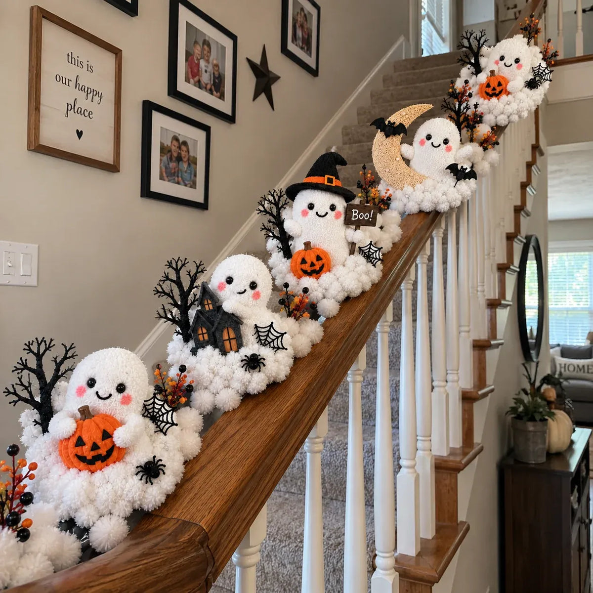 ⏳ Last Day 70% OFF – 👻 Glowing Ghost Staircase Decor | 5 Playful Halloween Characters for Railings, Mantels & Entryways 🎃