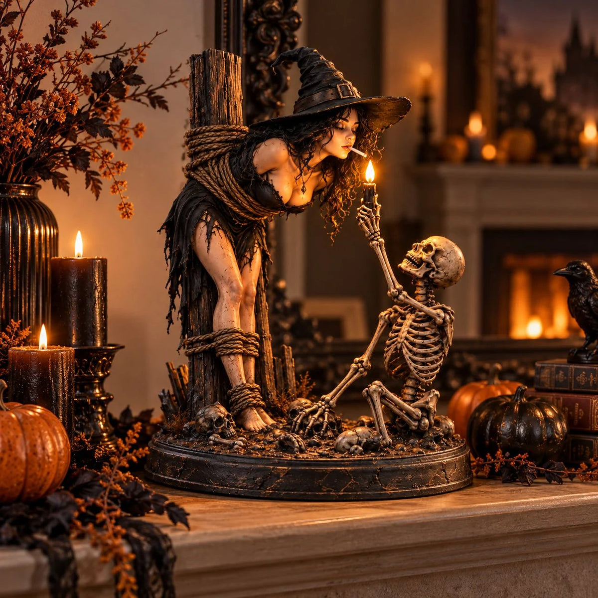 🔥Limited time 70% OFF -🧙💀Witch & Skeleton Candle Scene Figurine – Dark Gothic Halloween Tabletop Decor🔥