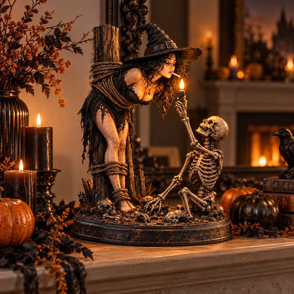 🔥Limited time 70% OFF -🧙💀Witch & Skeleton Candle Scene Figurine – Dark Gothic Halloween Tabletop Decor🔥