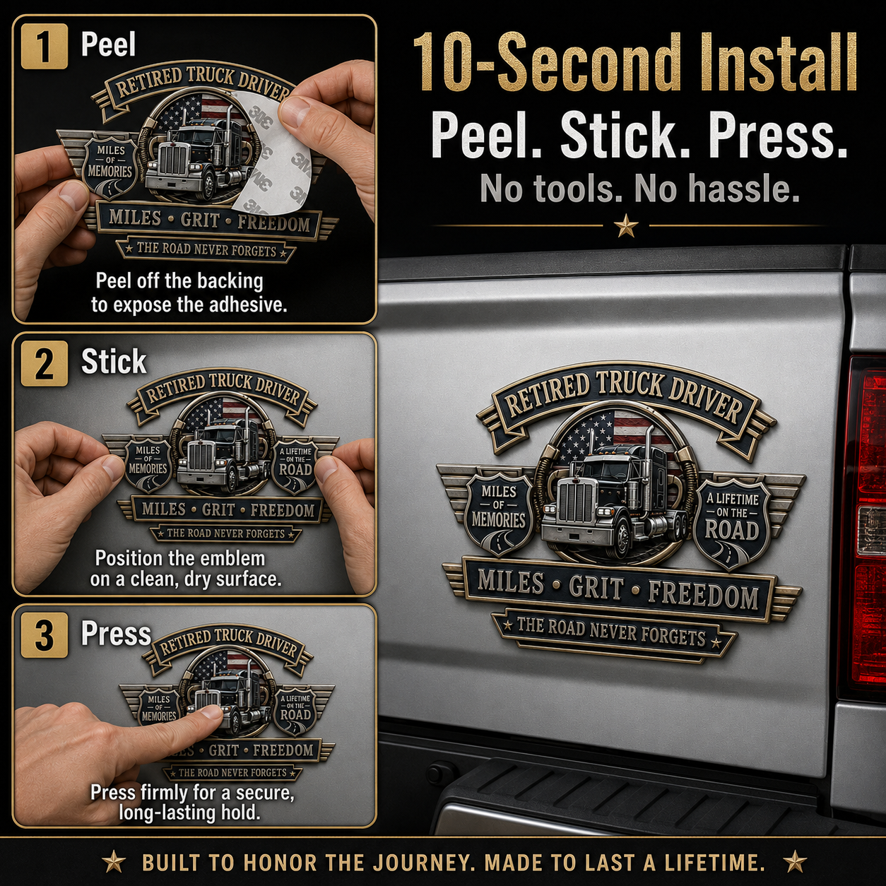 Last Day Promo: 49% OFF – Retired Truck Driver Miles Grit Freedom Metal Car Emblem