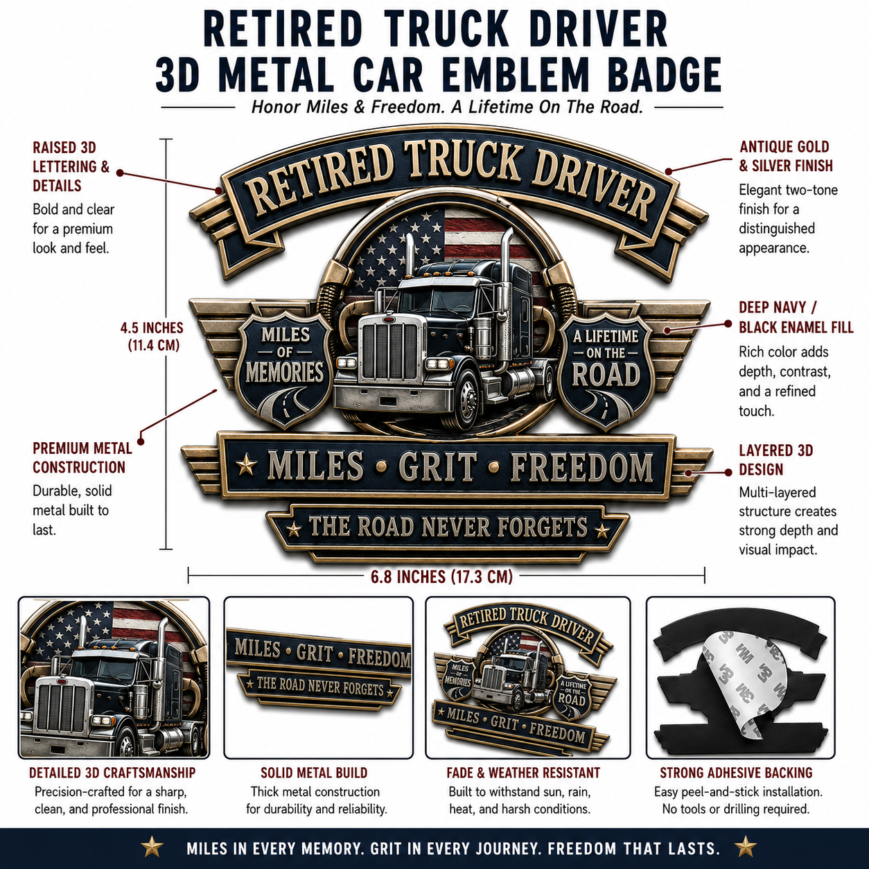 Last Day Promo: 49% OFF – Retired Truck Driver Miles Grit Freedom Metal Car Emblem