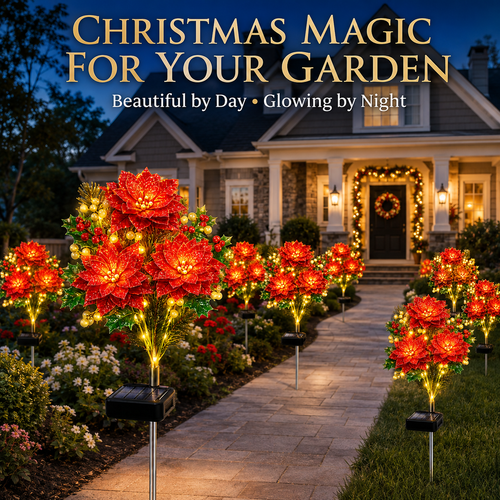 Solar-Powered Christmas Poinsettia Garden Lights