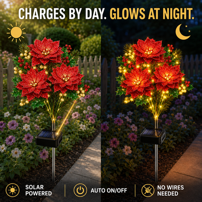Solar-Powered Christmas Poinsettia Garden Lights