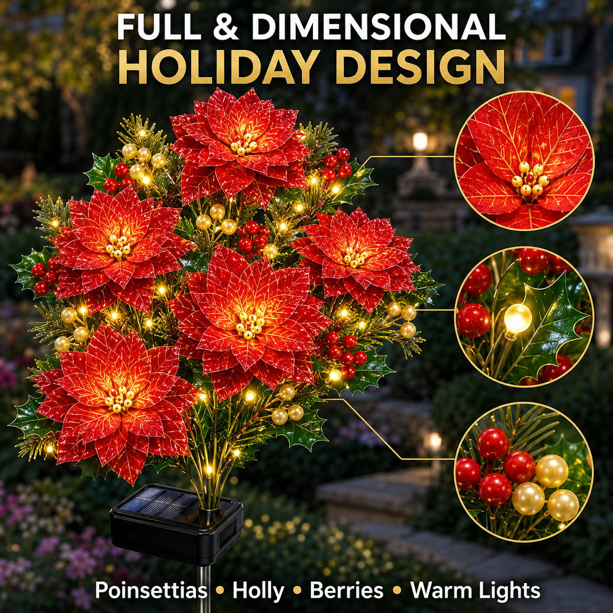 Solar-Powered Christmas Poinsettia Garden Lights