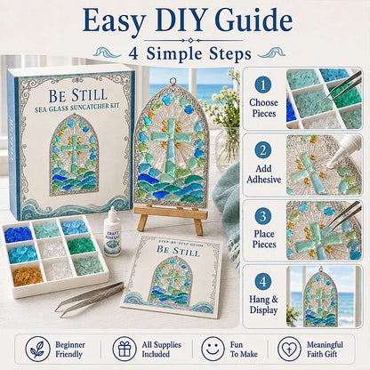 🎅 2026 Christmas Gift 70% Off--“Be Still” Christian Sea Glass Suncatcher DIY Kit – Cross & Ocean Wave Stained Glass Craft, Psalm 46:10 Faith-Inspired Window Décor and Religious Gift