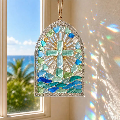 🎅 2026 Christmas Gift 70% Off--“Be Still” Christian Sea Glass Suncatcher DIY Kit – Cross & Ocean Wave Stained Glass Craft, Psalm 46:10 Faith-Inspired Window Décor and Religious Gift