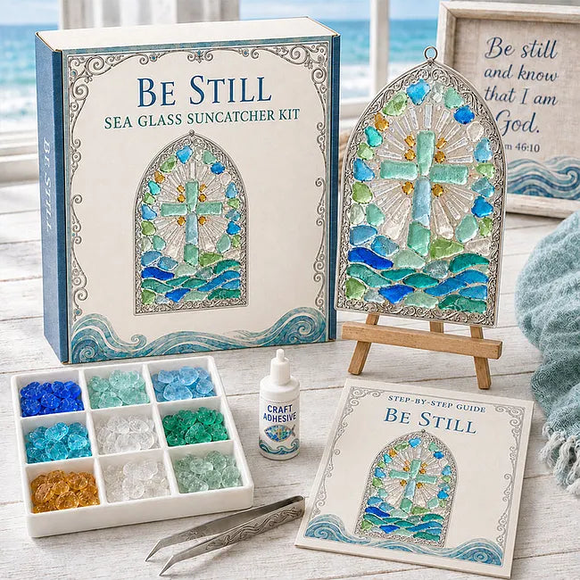 🎅 2026 Christmas Gift 70% Off--“Be Still” Christian Sea Glass Suncatcher DIY Kit – Cross & Ocean Wave Stained Glass Craft, Psalm 46:10 Faith-Inspired Window Décor and Religious Gift