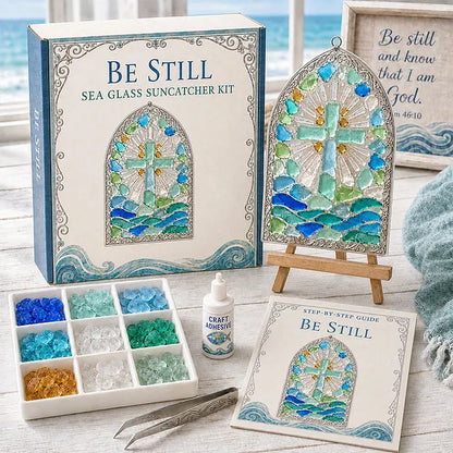 🎅 2026 Christmas Gift 70% Off--“Be Still” Christian Sea Glass Suncatcher DIY Kit – Cross & Ocean Wave Stained Glass Craft, Psalm 46:10 Faith-Inspired Window Décor and Religious Gift