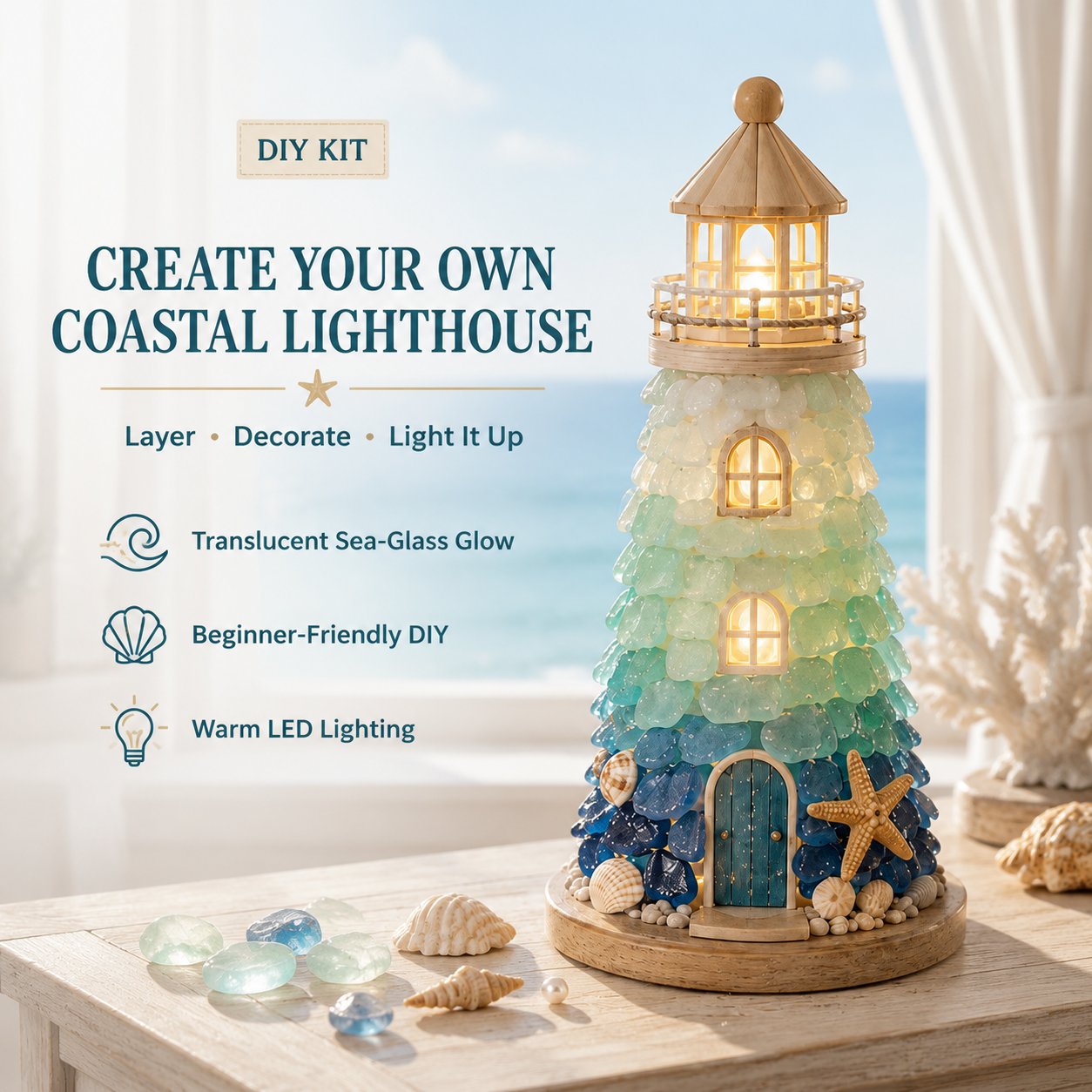 ⏳Last Day: Huge Discounts 🌊 Beginner-Friendly DIY Lighted Sea Glass-Style Lighthouse Kit Collection | Complete Kit with Sea Glass-Style Pieces, LED Lights & Step-by-Step Guide Included 💕