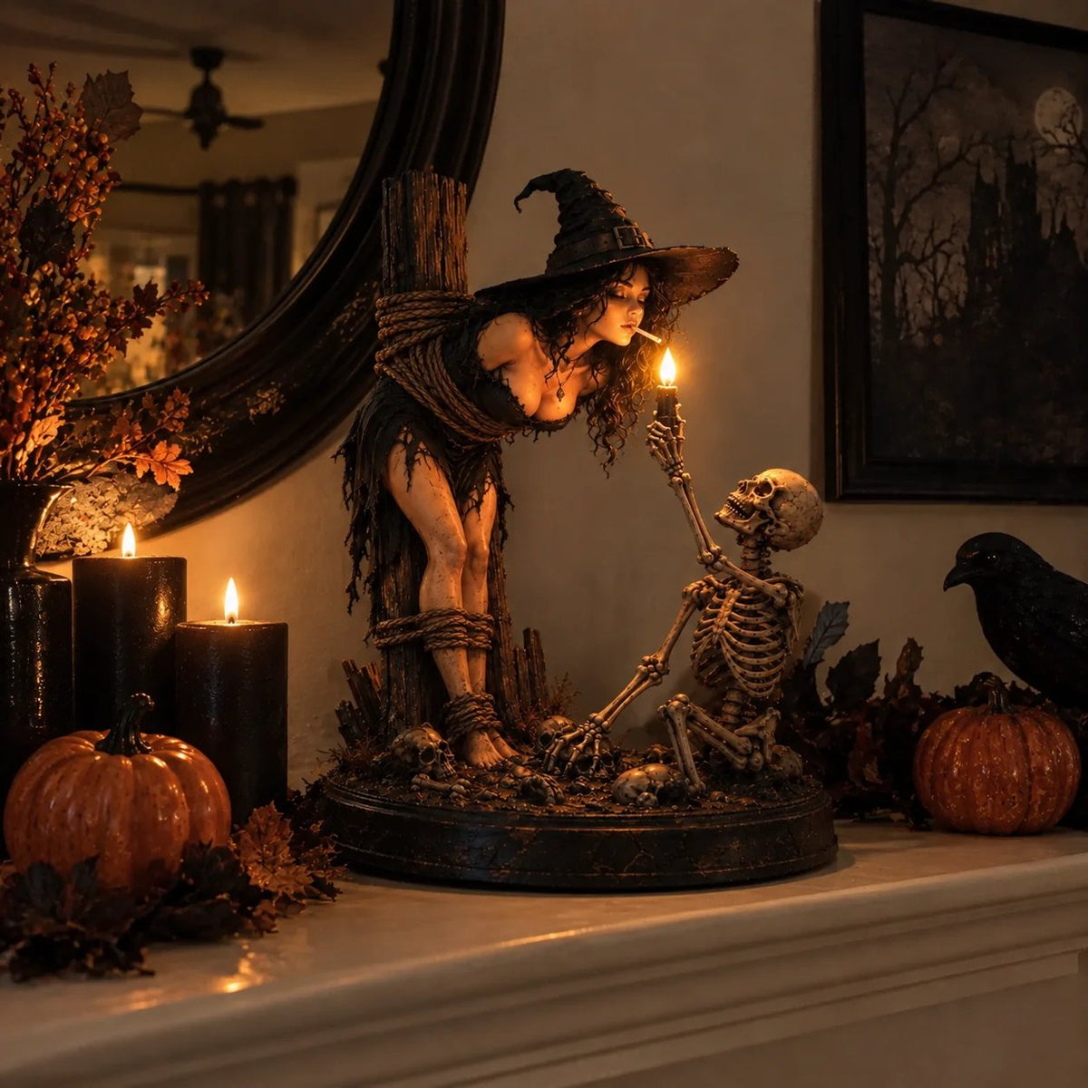 🔥Limited time 70% OFF -🧙💀Witch & Skeleton Candle Scene Figurine – Dark Gothic Halloween Tabletop Decor🔥