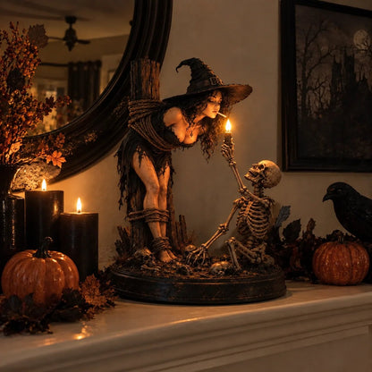 🔥Limited time 70% OFF -🧙💀Witch & Skeleton Candle Scene Figurine – Dark Gothic Halloween Tabletop Decor🔥
