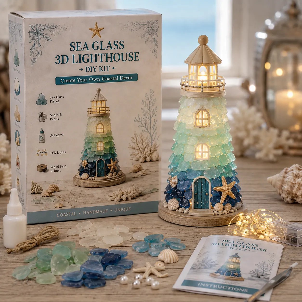 ⏳Last Day: Huge Discounts 🌊 Beginner-Friendly DIY Lighted Sea Glass-Style Lighthouse Kit Collection | Complete Kit with Sea Glass-Style Pieces, LED Lights & Step-by-Step Guide Included 💕