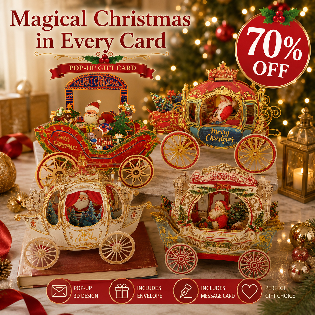 🔥 70% OFF — 3D Christmas Carriage Pop-Up Greeting Card Set 🎅🎄